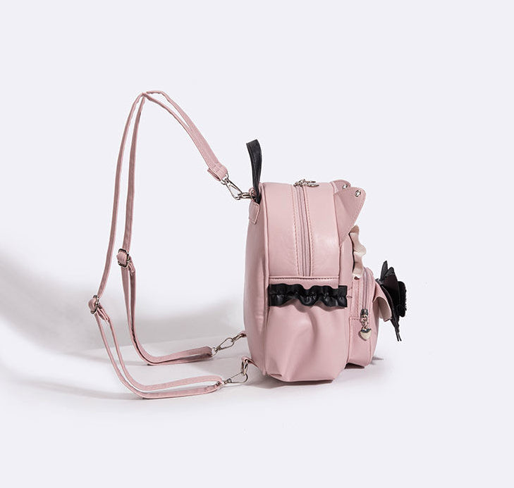 Lace Bow Lolita Cat Ear Backpack Sweet Harajuku Style PU Leather Mini Bag for Girls